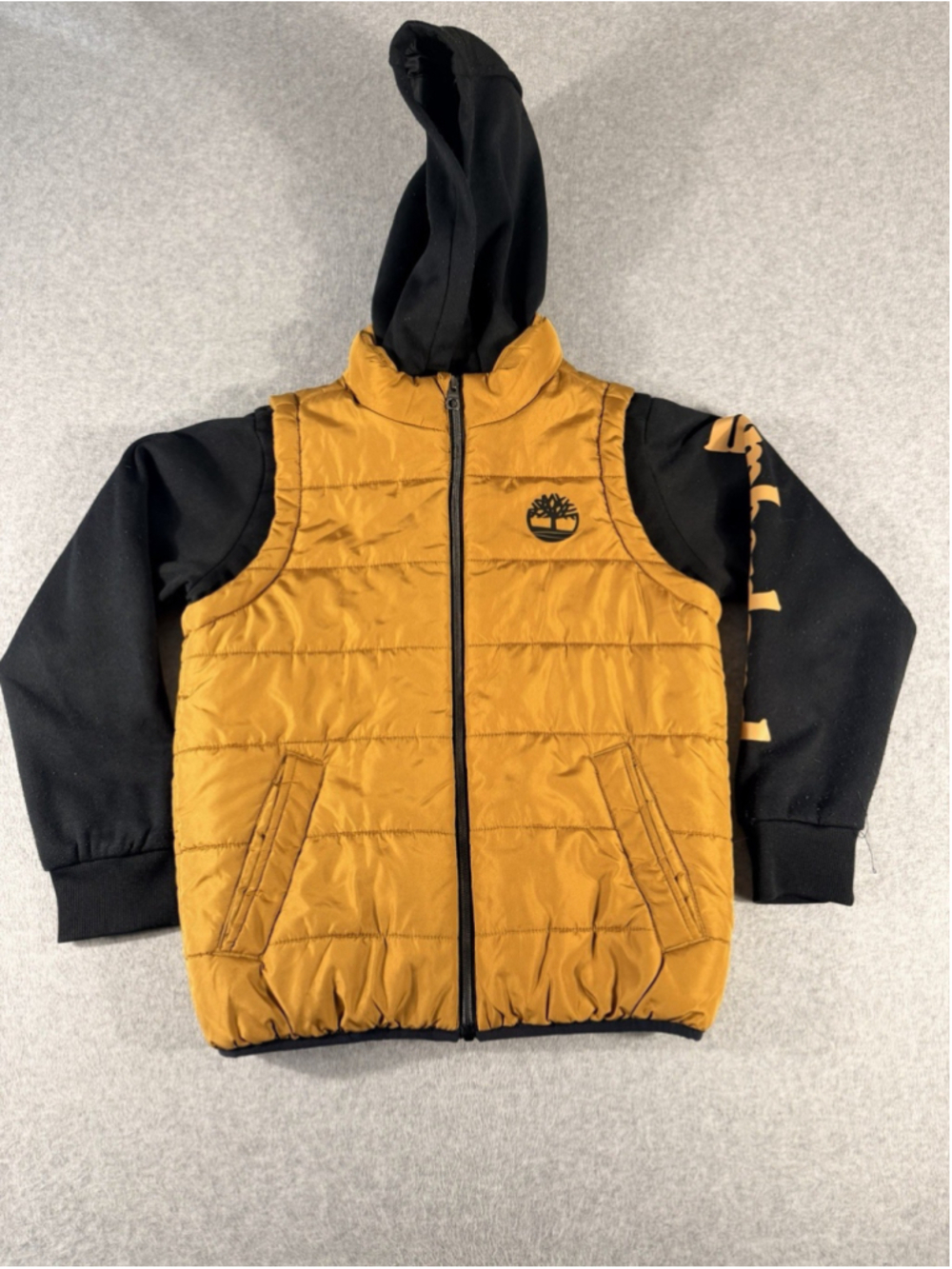 Timberland Kids Hooded Puffer Vest Jacket Black Wheat Youth Medium 10/12 Zip